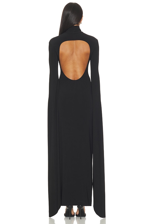 Norma Kamali Open Back Ribbon Sleeve Turtleneck Gown in Black