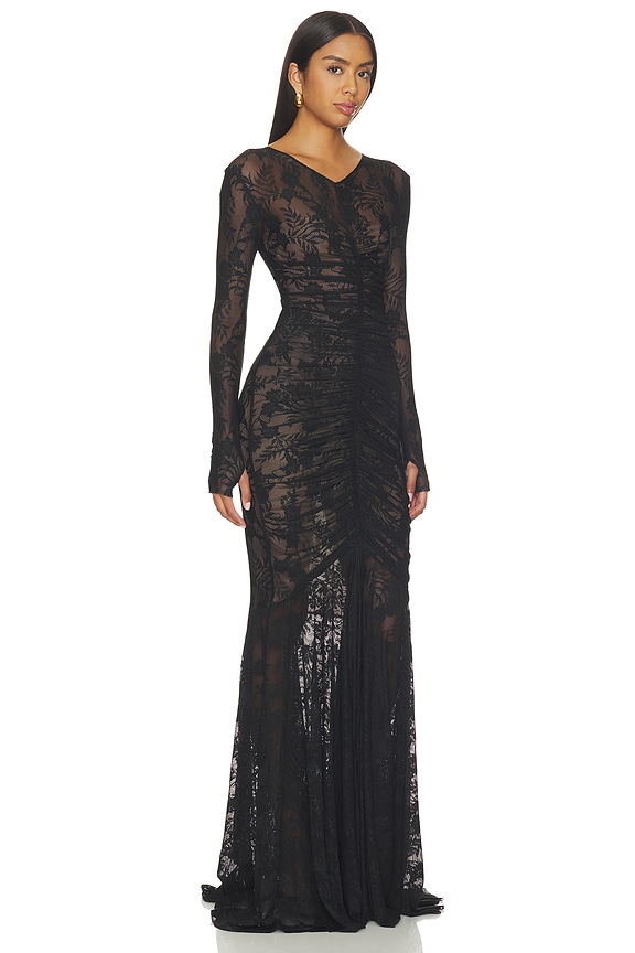 view 2 of 4 Shirred Front Fishtail Gown in Black & Dark Nude Mesh