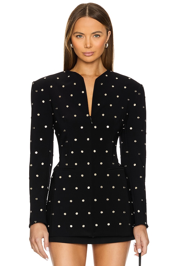 view 1 of 5 Long Sleeve Shoulder Pad V Neck Zip Front Jacket in Black Studs