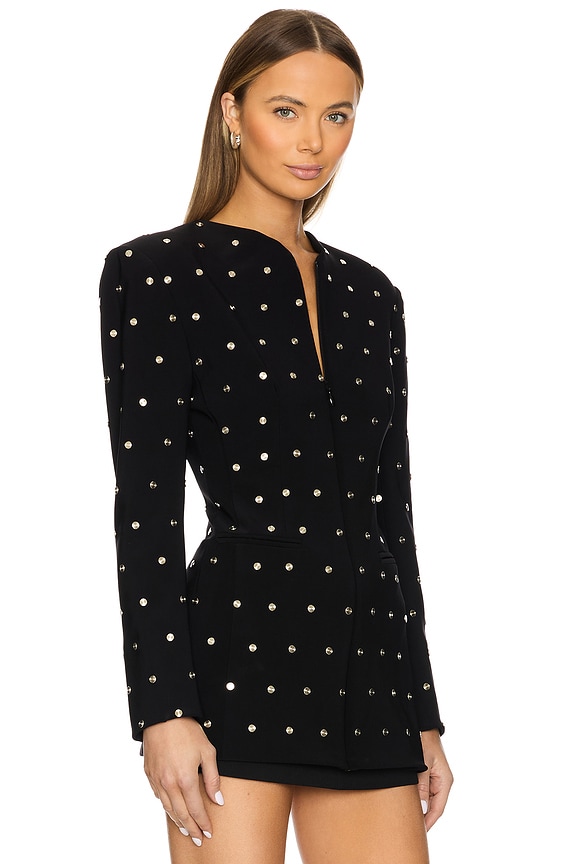 view 2 of 5 Long Sleeve Shoulder Pad V Neck Zip Front Jacket in Black Studs