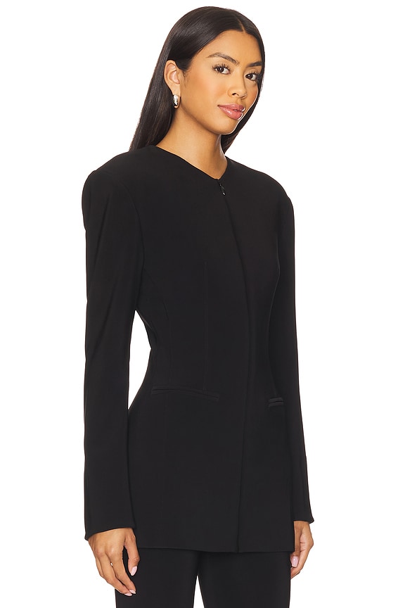 view 2 of 4 Long Sleeve Shoulder Pad V Neck Zip Front Jacket in Black