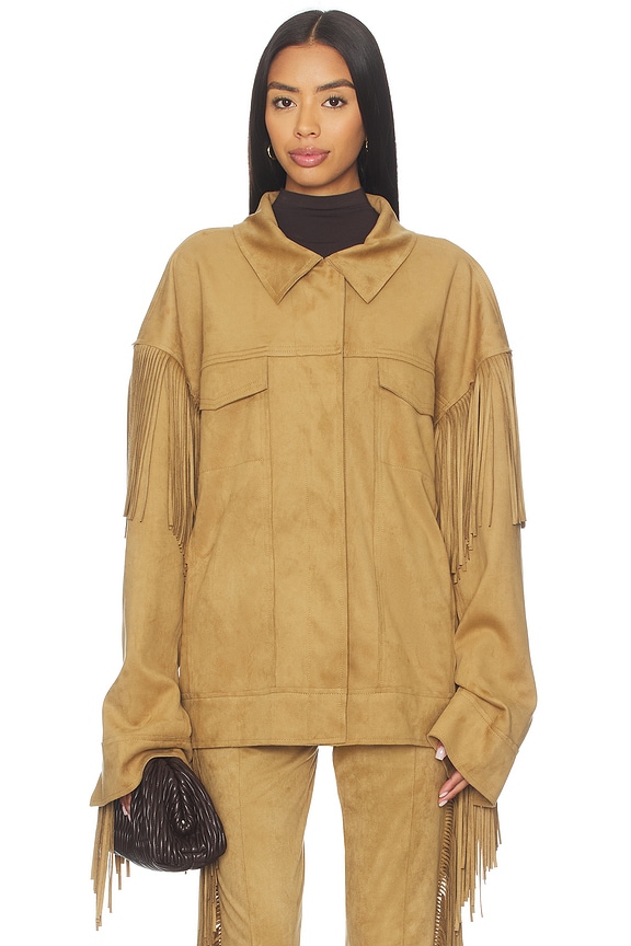 Norma Kamali Fringe Oversized Jean Jacket in Camel | REVOLVE