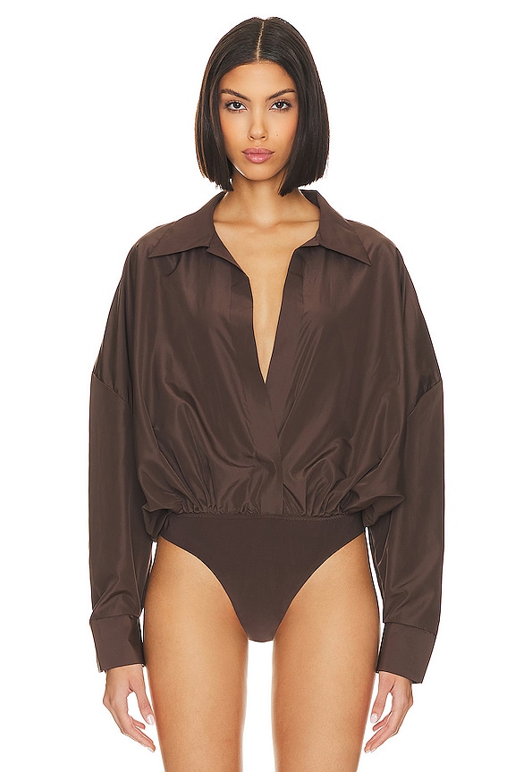 view 2 of 5 Oversized Boyfriend Shirt Bodysuit in Chocolate