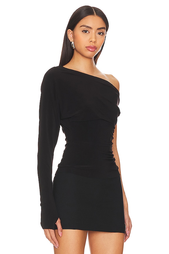 view 2 of 4 One Sleeve Drop Shoulder Side Drape Top in Black