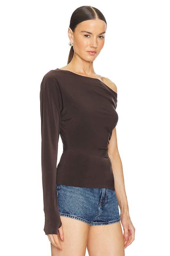 view 2 of 4 One Sleeve Drop Shoulder Side Drape Top in Chocolate