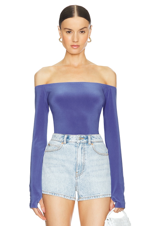 view 1 of 4 Long Sleeve Off Shoulder Top in Military Blue