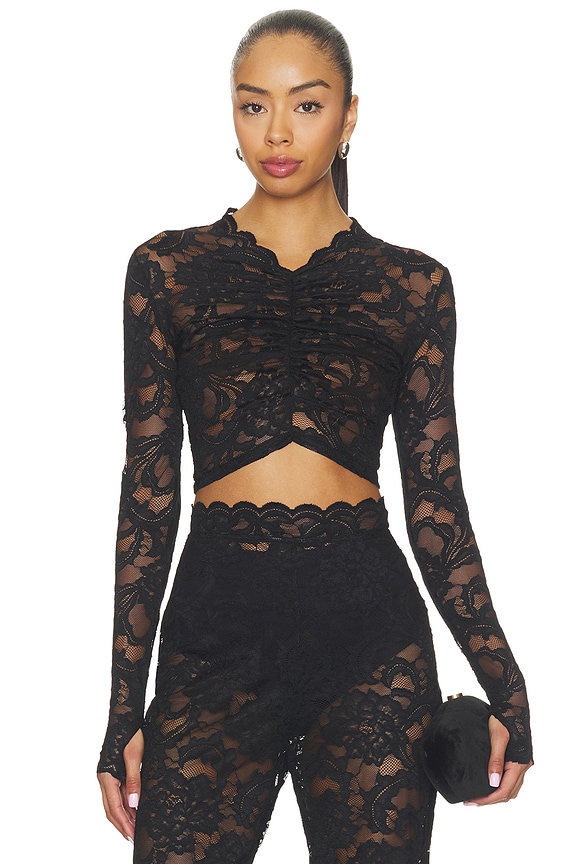 Nookie Delphine Lace Long Sleeve Crop Top in Black | REVOLVE