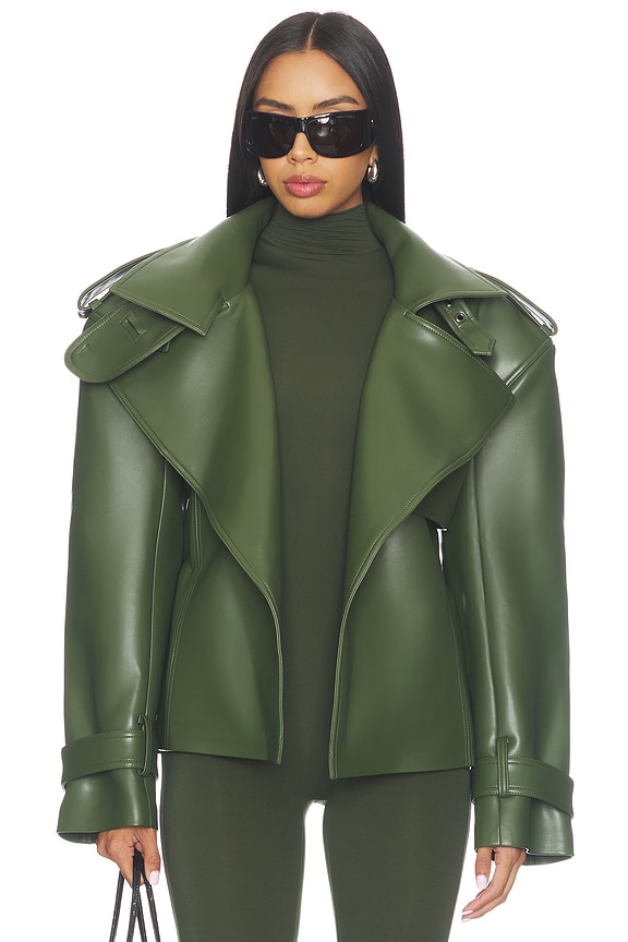 view 2 of 5 Faux Leather Short Trench in Dark Olive
