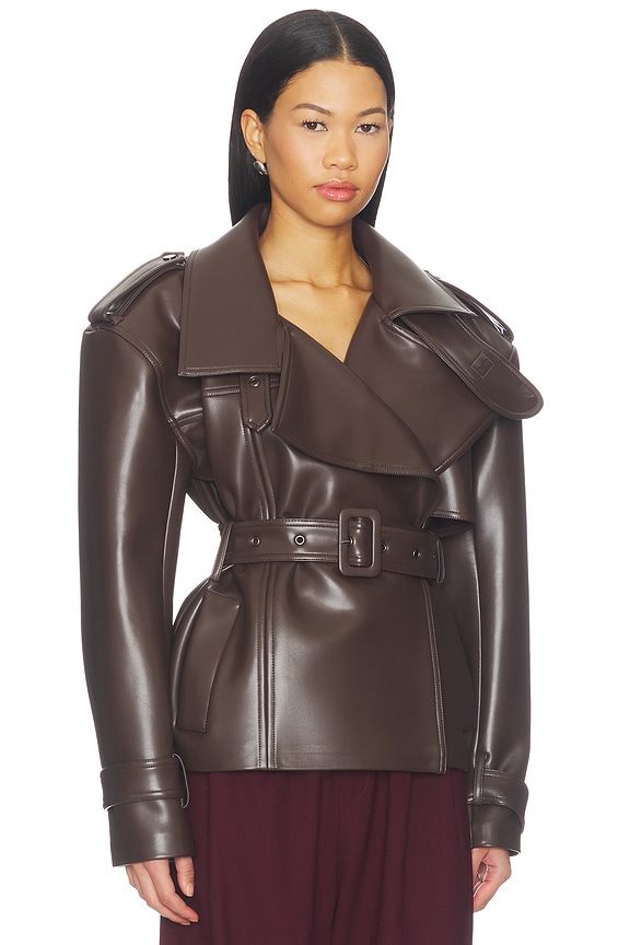 view 2 of 5 Faux Leather Belted Trench in Dark Chocolate