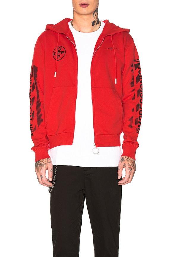view 1 of 7 Diagonal Stencil Zip Hoodie in Red & Black