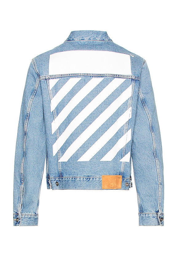 OFF-WHITE Diagonal Tab Slim Denim Jacket in Medium Blue | REVOLVE