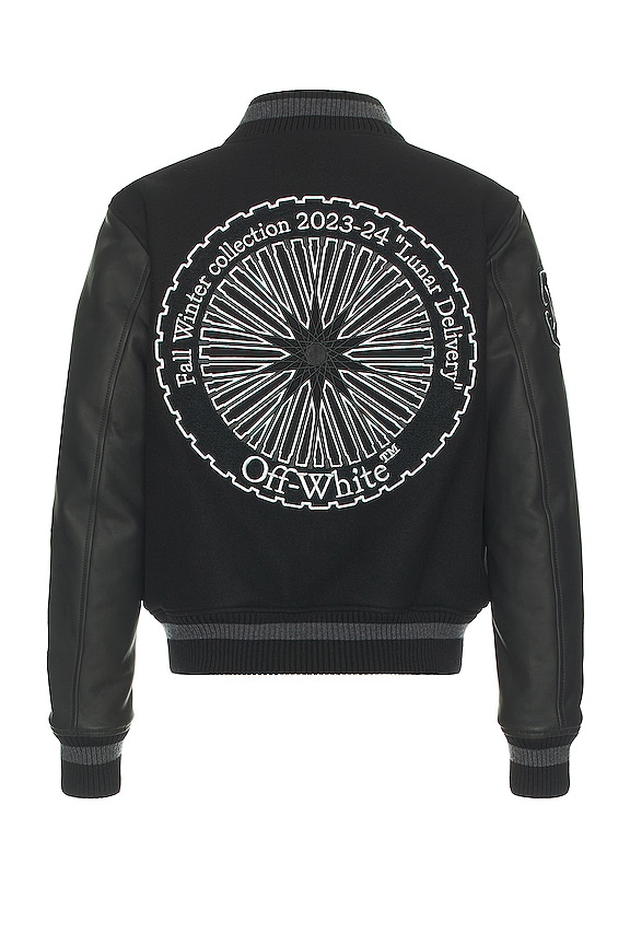 OFF-WHITE Tyre Moon Lea Varsity Jacket in Black | REVOLVE