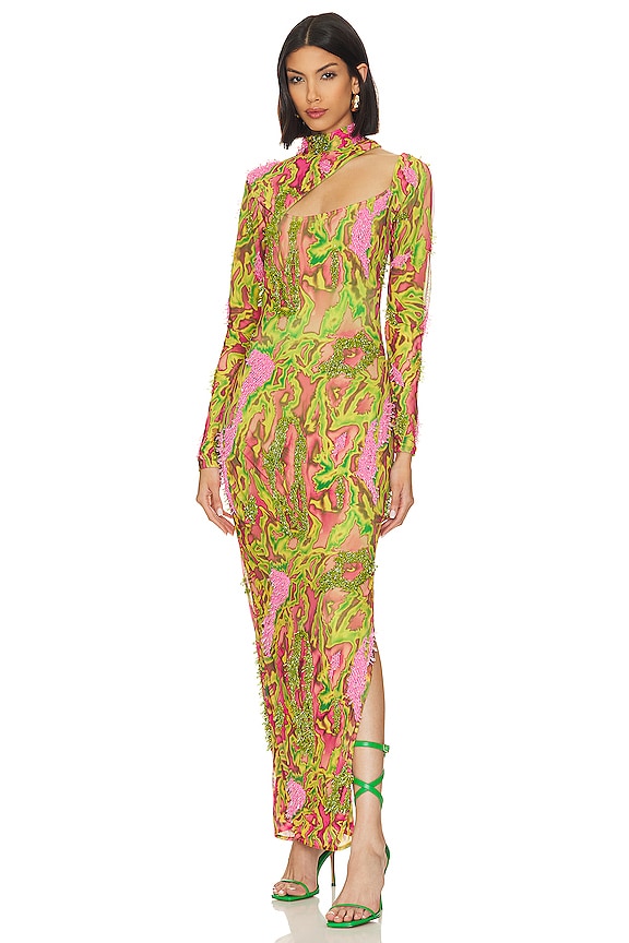 view 1 of 5 Zusi Asymmetrical Gown in Neon Green & Pink Combo
