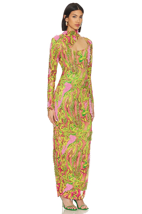 view 2 of 5 Zusi Asymmetrical Gown in Neon Green & Pink Combo
