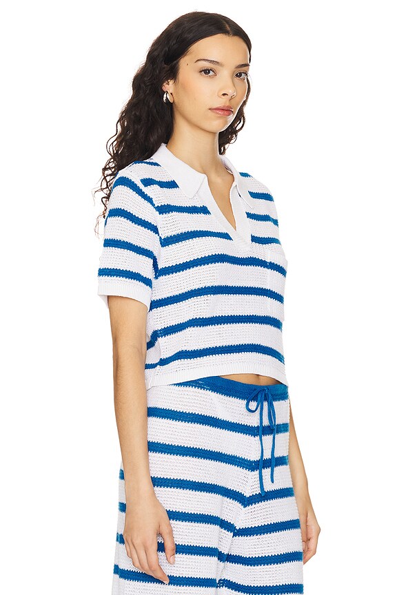 view 2 of 4 Linen Cropped Polo in White & Mykonos Blue