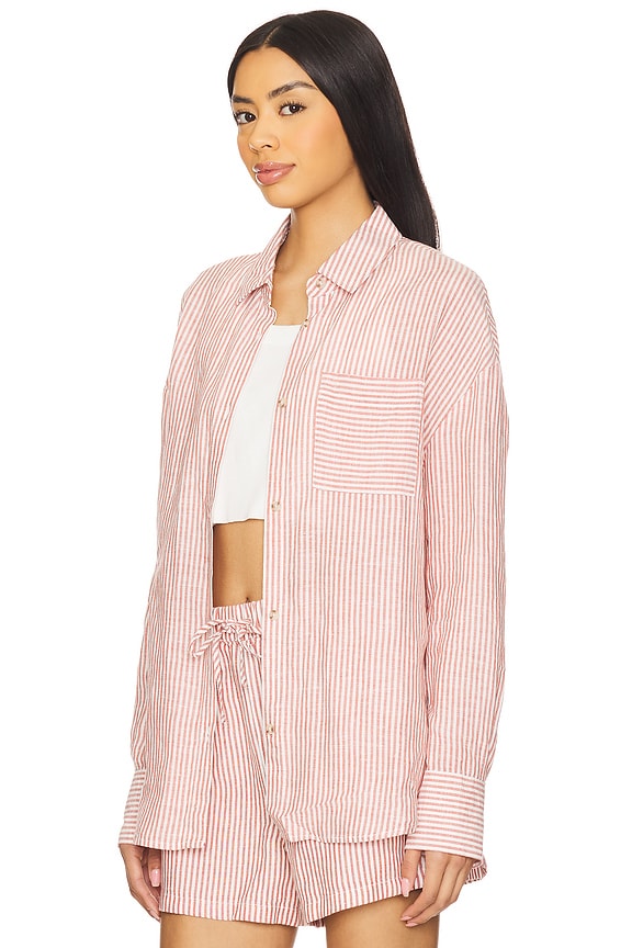 view 2 of 5 Air Linen Boyfriend Shirt in Oxblood & White