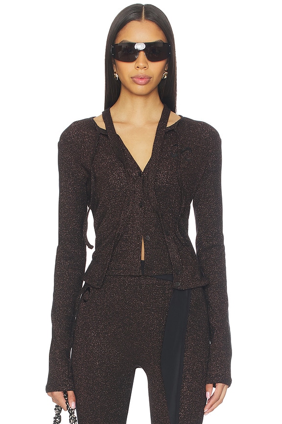 view 1 of 4 Double Closure Rib Cardigan in Black & Bronze Glitter