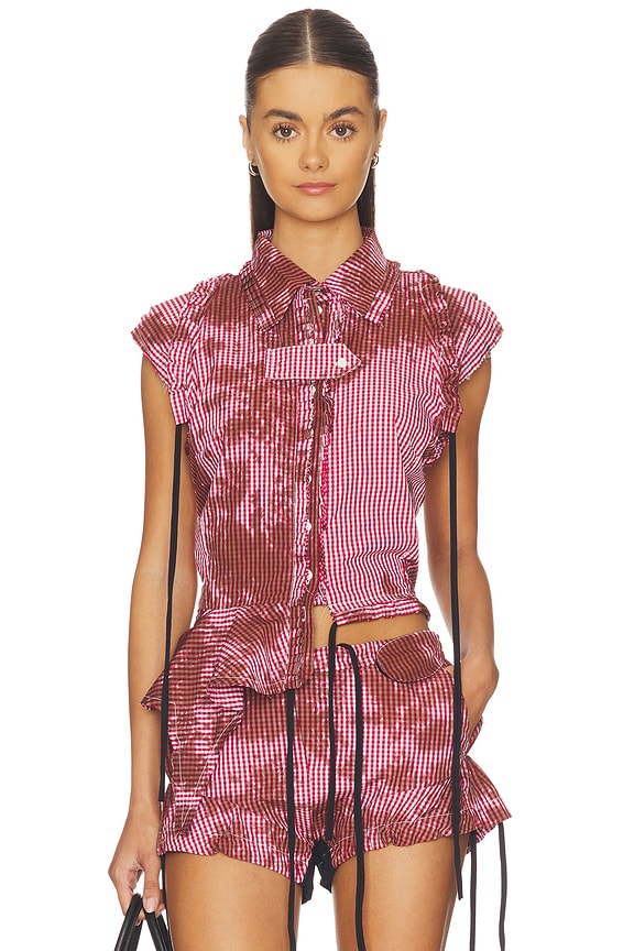 view 1 of 7 Picnic Ruched Ruffle Blouse in Red & White