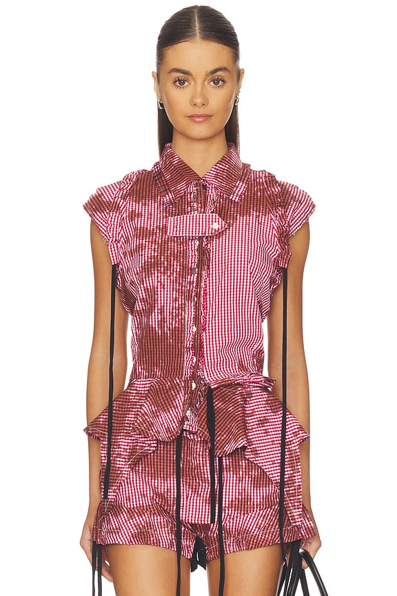 view 2 of 7 Picnic Ruched Ruffle Blouse in Red & White