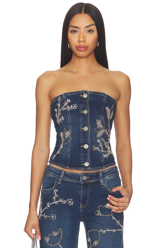 view 1 of 5 Nova Embellished Denim Top in Dark Wash Denim