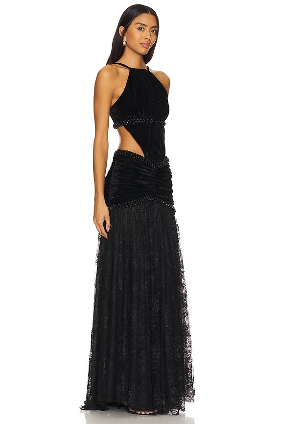 view 2 of 4 VESTIDO LARGO HIGH NECK VELVET AND LACE in Black