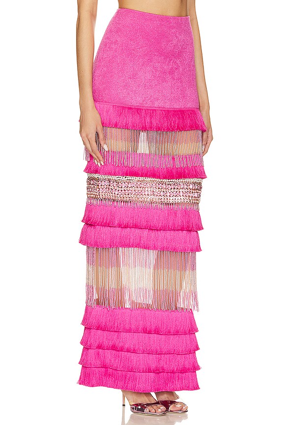 view 2 of 5 Hand Beaded Fringe Maxi Skirt in Pop Pink