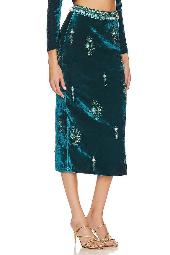 view 2 of 5 JUPE MIDI EN VELOURS ET PERLES in Azure