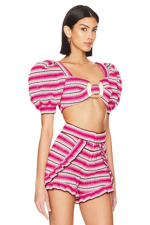 view 2 of 4 Striped Crochet Puff Sleeve Top in Pink