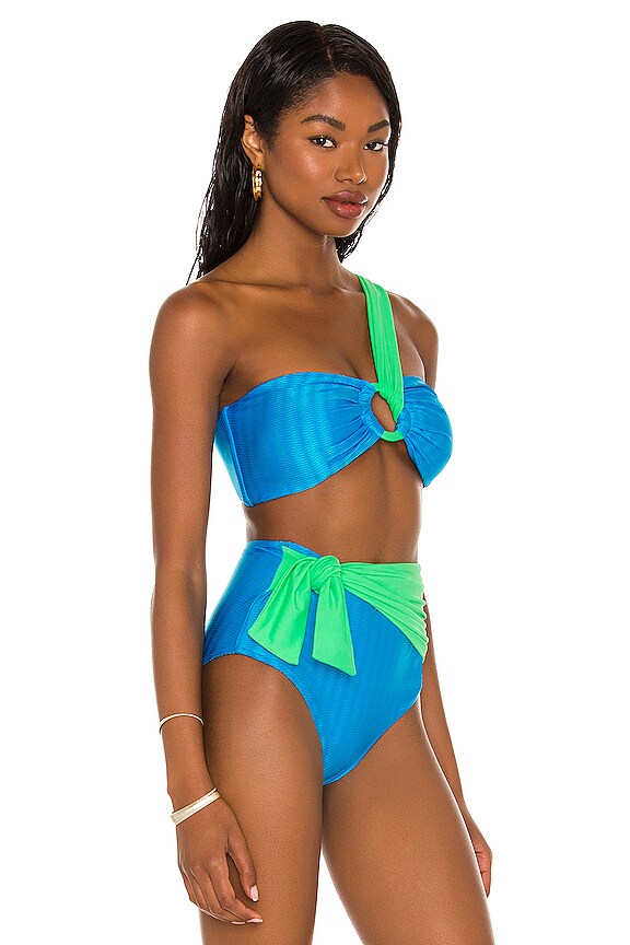 view 2 of 4 Colorblock One Shoulder Bikini Top in Neon Green & Antibes Blue