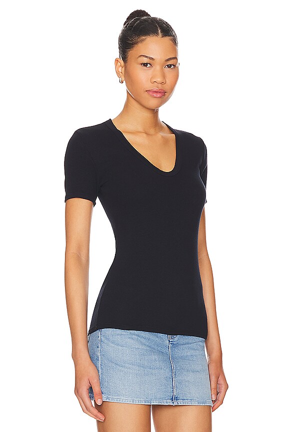 view 2 of 4 T-SHIRT CÔTELÉ DÉCOLLETÉ U SHORT SLEEVE in Black