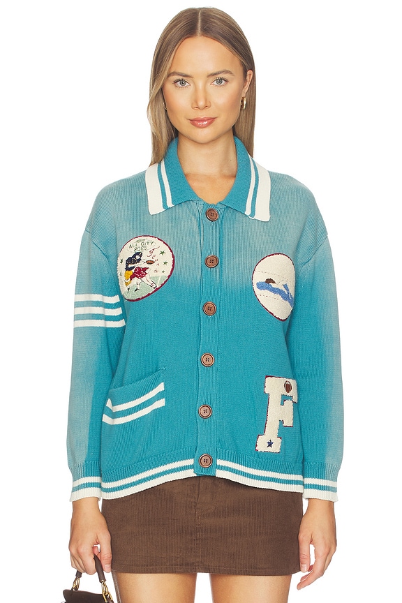 view 1 of 6 Varsity Patch Collared Cardigan in Ocean Blue