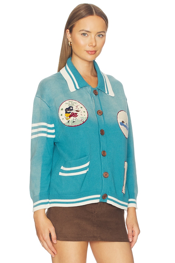 view 2 of 6 Varsity Patch Collared Cardigan in Ocean Blue
