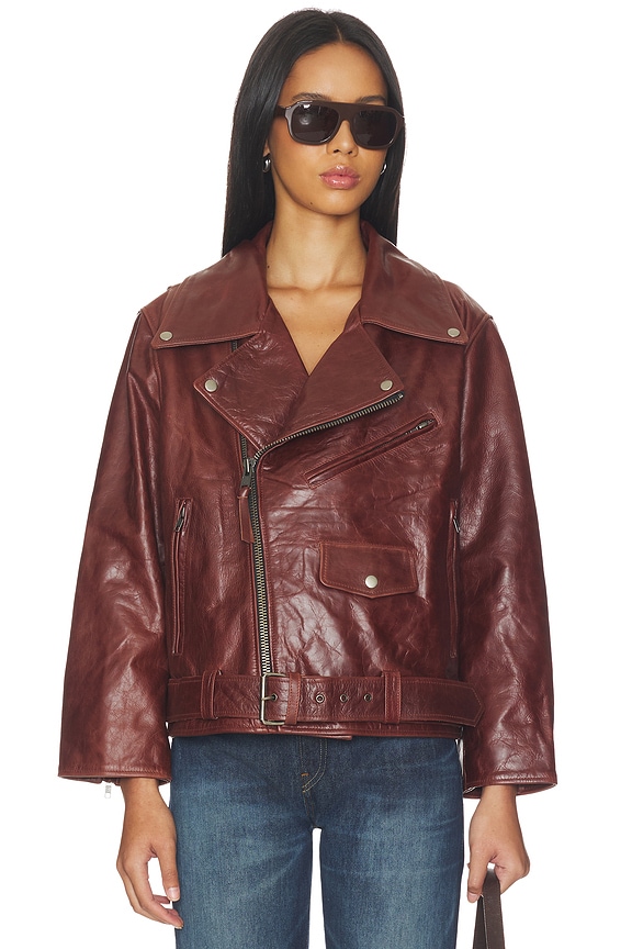 view 2 of 5 Biker Leather Jacket in Warm Brown