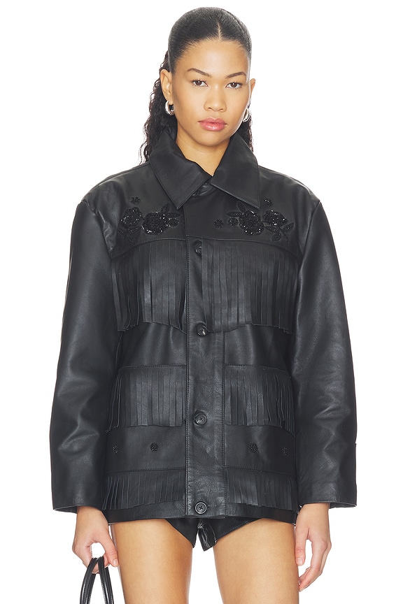 view 2 of 6 Hand Embroidered Leather Fringe Jacket in Black