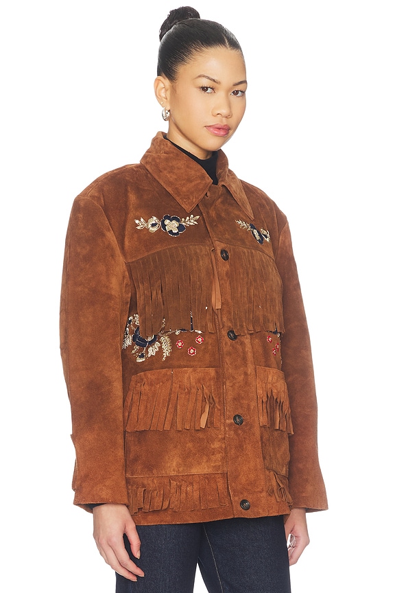 view 2 of 5 Hand Embroidered Suede Fringe Jacket in Brown