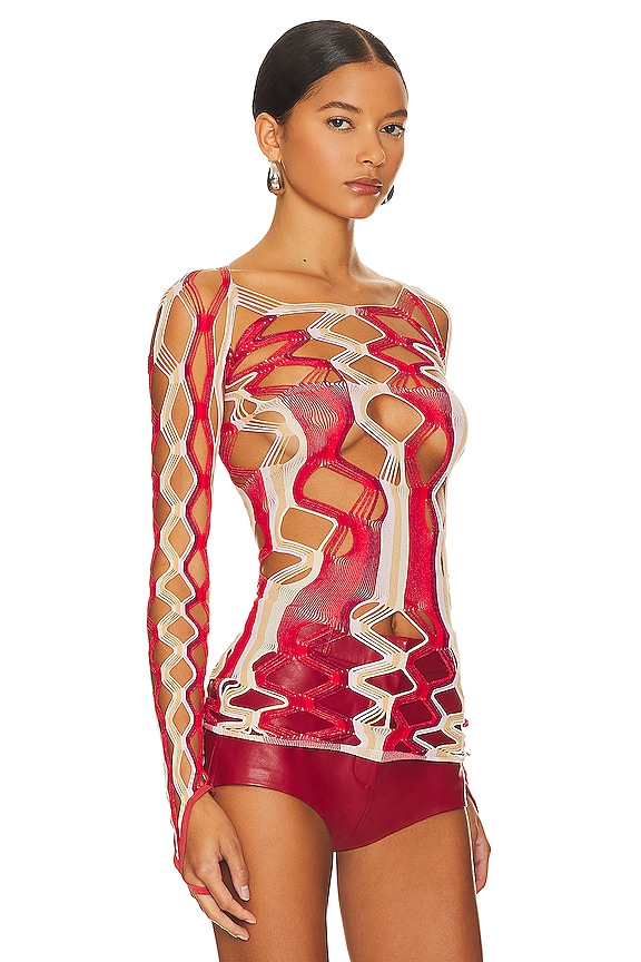 view 2 of 4 Marina Top Shapewear Fishnet Boat Neck Top in Red, Burgundy, & Pink