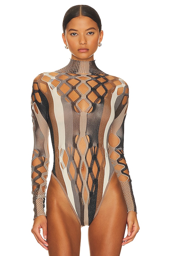 view 2 of 6 Amphitrite Bodysuit Shapewear Fishnet Polo Neck Bodysuit in Black, Brown, & Oyster
