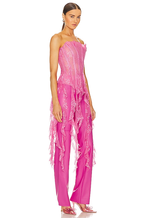 view 2 of 3 Calamity Corset Top Stretch Lace Ruffle Corset in Fuchsia Pink