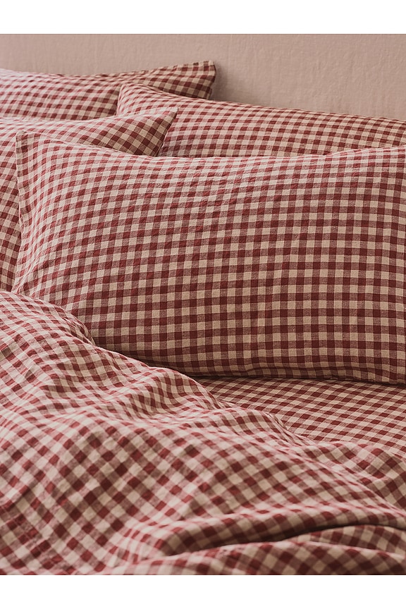 view 2 of 3 Gingham 100% Linen Pillowcase Pair in Rhubarb & Oatmeal