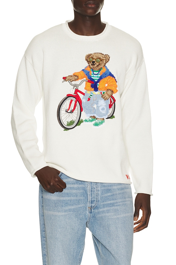 view 1 of 5 Long Sleeve Cotton Novelty Harbor Island Bear Rollneck Sweater in Deckwash White