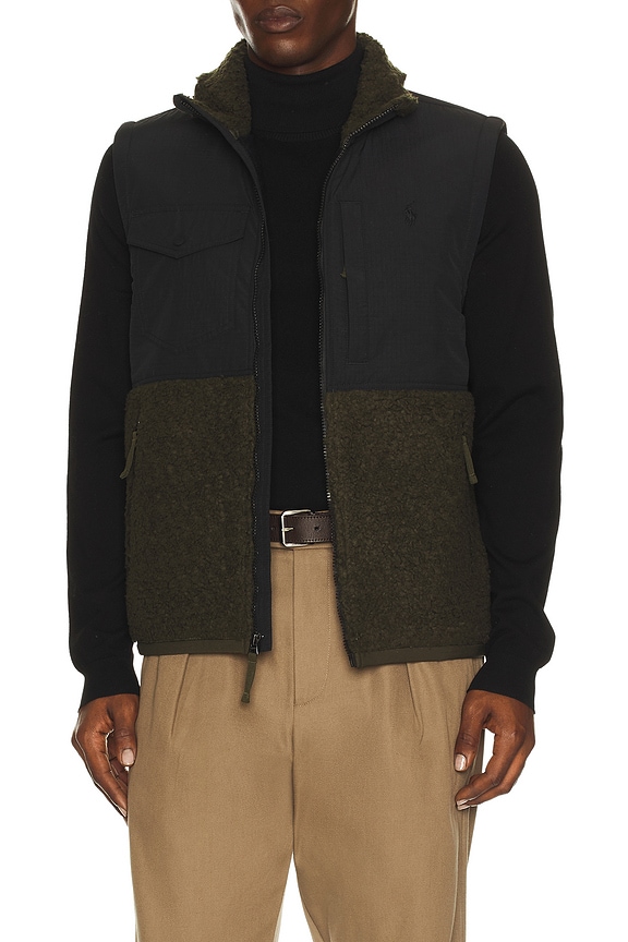view 1 of 5 Bonded Hi-Pile Full Zip Hybrid Vest in Olive & Black