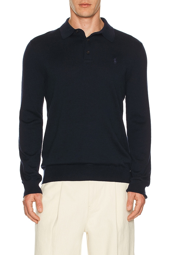 view 1 of 5 Long Sleeve Merino Wool Button Placket Polo Sweater in Hunter Navy