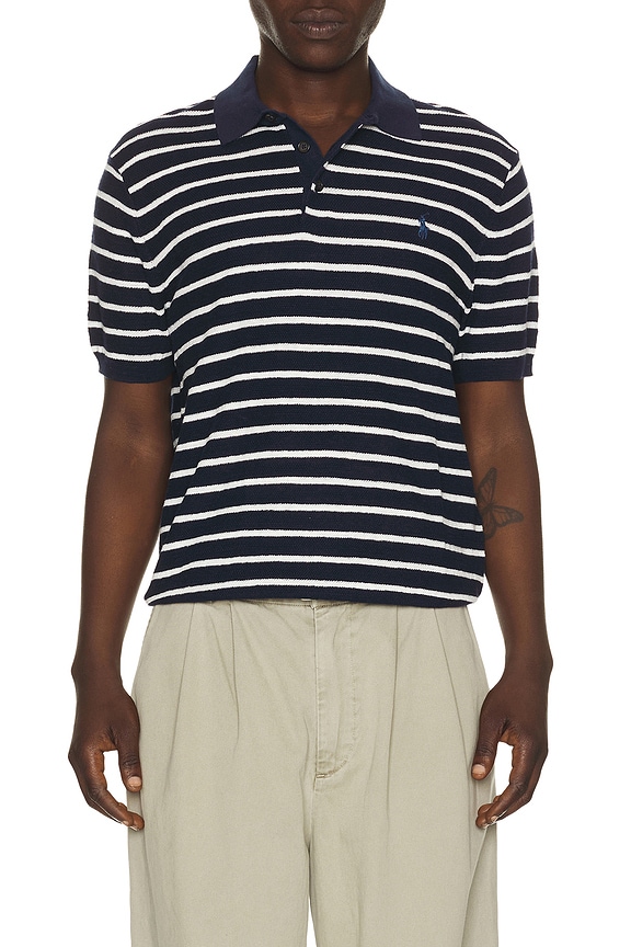view 1 of 5 Cotton Blend Textured 3 Button Placket Short Sleeve Polo Sweater in Bright Navy Combo
