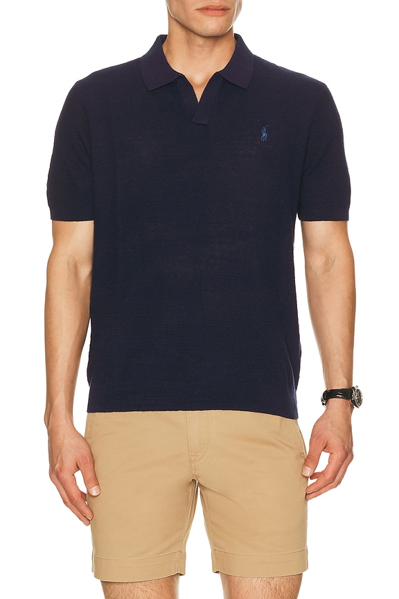 view 1 of 5 Short Sleeve Textured Johnny Collar Polo Sweater in Bright Navy & Deckwash White