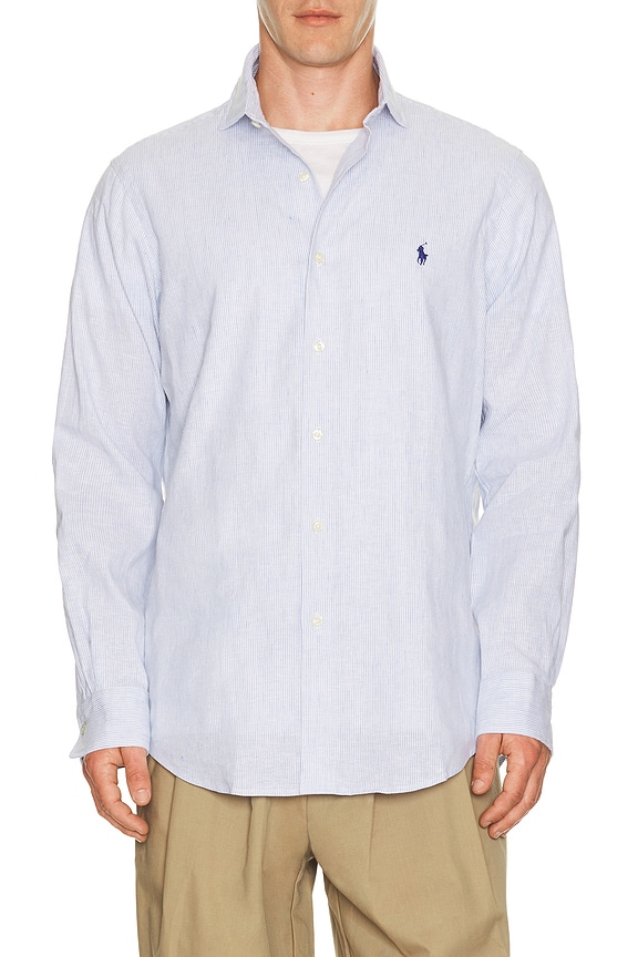 view 1 of 5 Long Sleeve Stretch Linen Sport Shirt Stripe in Cabana Blue White