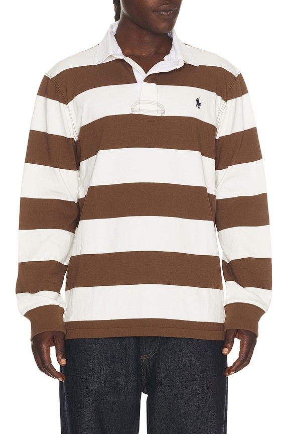 view 1 of 5 Long Sleeve Iconic Rugby Stripe Polo in Pale Russet & Trophy Cream