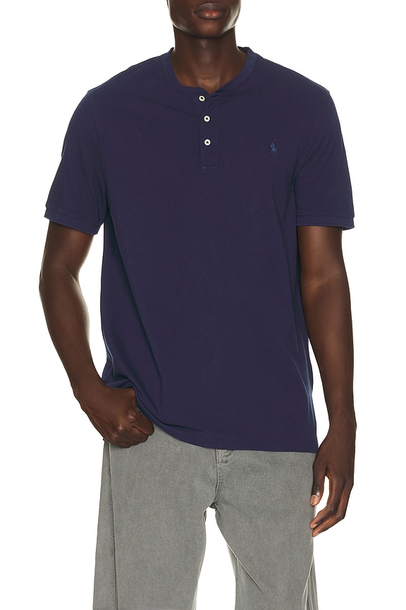 view 1 of 5 Short Sleeve Garment Dyed Featherweight Mesh Henley T-Shirt in Dark Cobalt