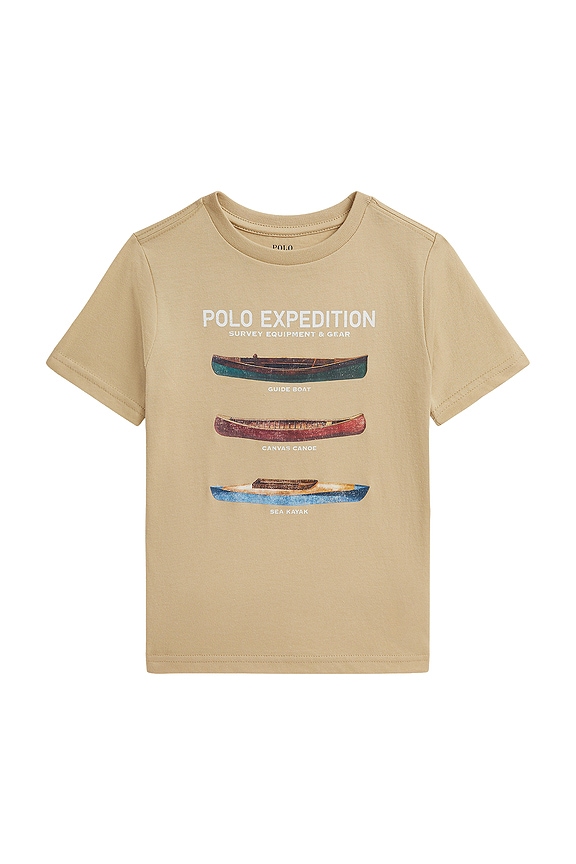 view 1 of 2 Kids Short Sleeve Jersey Knit Boat Graphic T-shirt in Tallow Cream