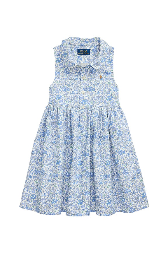 view 1 of 2 Kids Sleeveless Classic Cotton Oxford Floral Printed Shirtdress in Carolan Floral Nevis Blue
