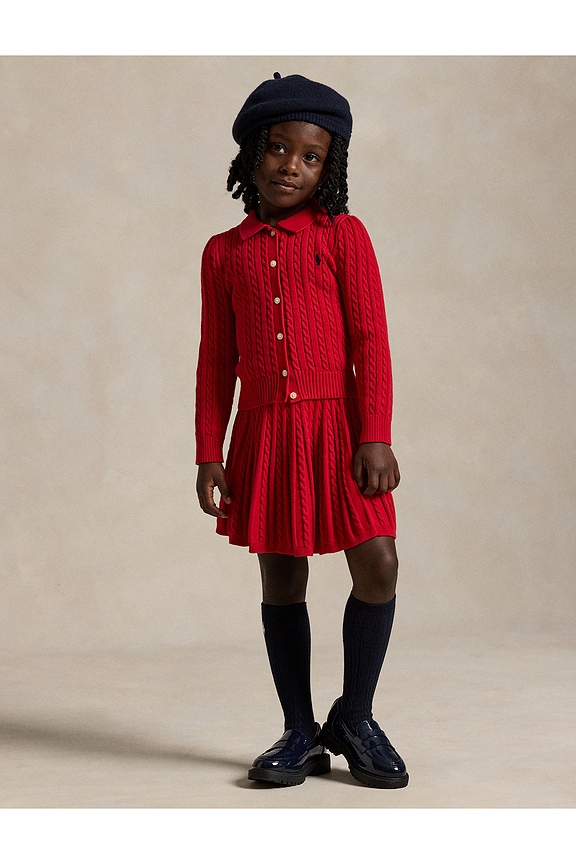 view 2 of 5 Long Sleeve Cable Knit Cardigan With Skirt in Red & Navy